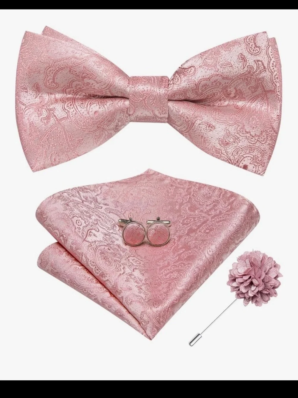 Hi-Tie Pink Paisley Bow Tie Pocket Square Cufflinks Lapel Pin Set